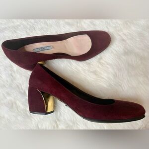 Prada Burgundy Velvet Like Chunky Heels with Gold Detail Size 39.5